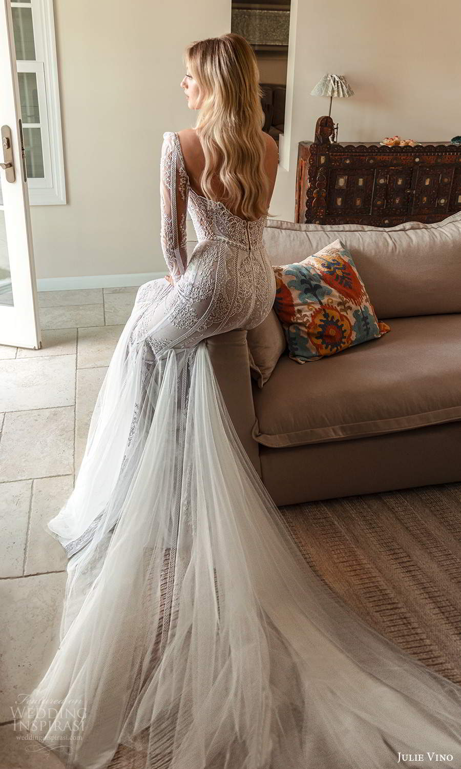 julie vino 2021 romanzo bridal sheer long sleeves v neckline fully embellished lace fit flare mermaid wedidng dress chapel train scoop back (4) bv