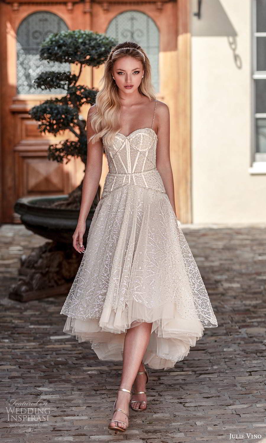 julie vino 2021 romanzo bridal sleeveless beaded straps sweetheart neckline fully embellished high low tea length wedding dress blush (10) mv
