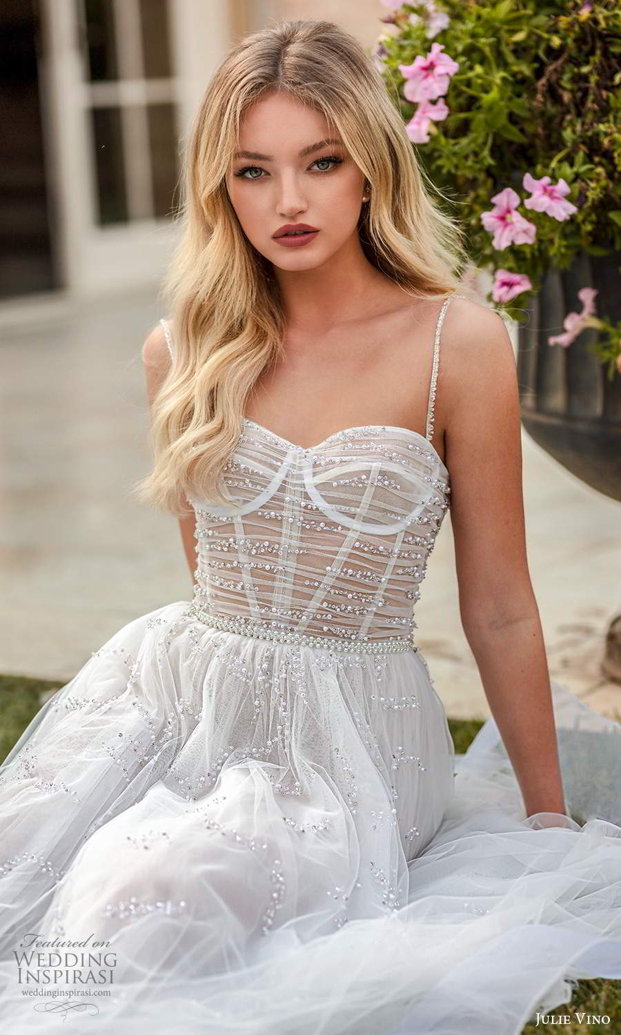 julie vino 2021 romanzo bridal sleeveless beaded straps sweetheart neckline ruched bodice fully embellished a line ball gown wedding dress chapel train (9) zv