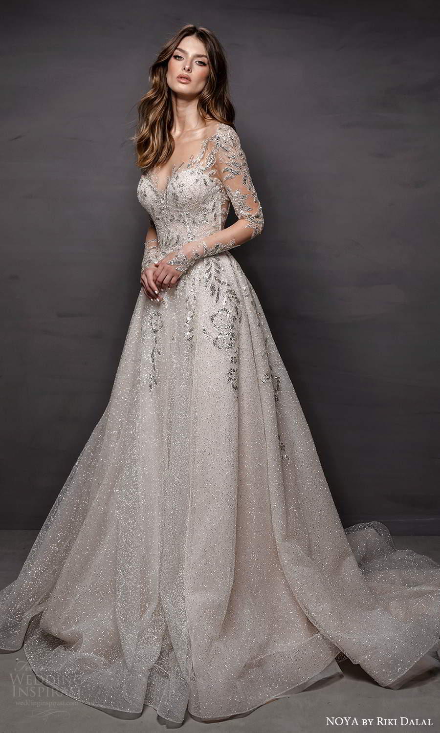 noya riki dalal 2021 bridal sheer long sleeves sweetheart neckline fully embellished a line ball gown wedding dress chapel train (1) mv