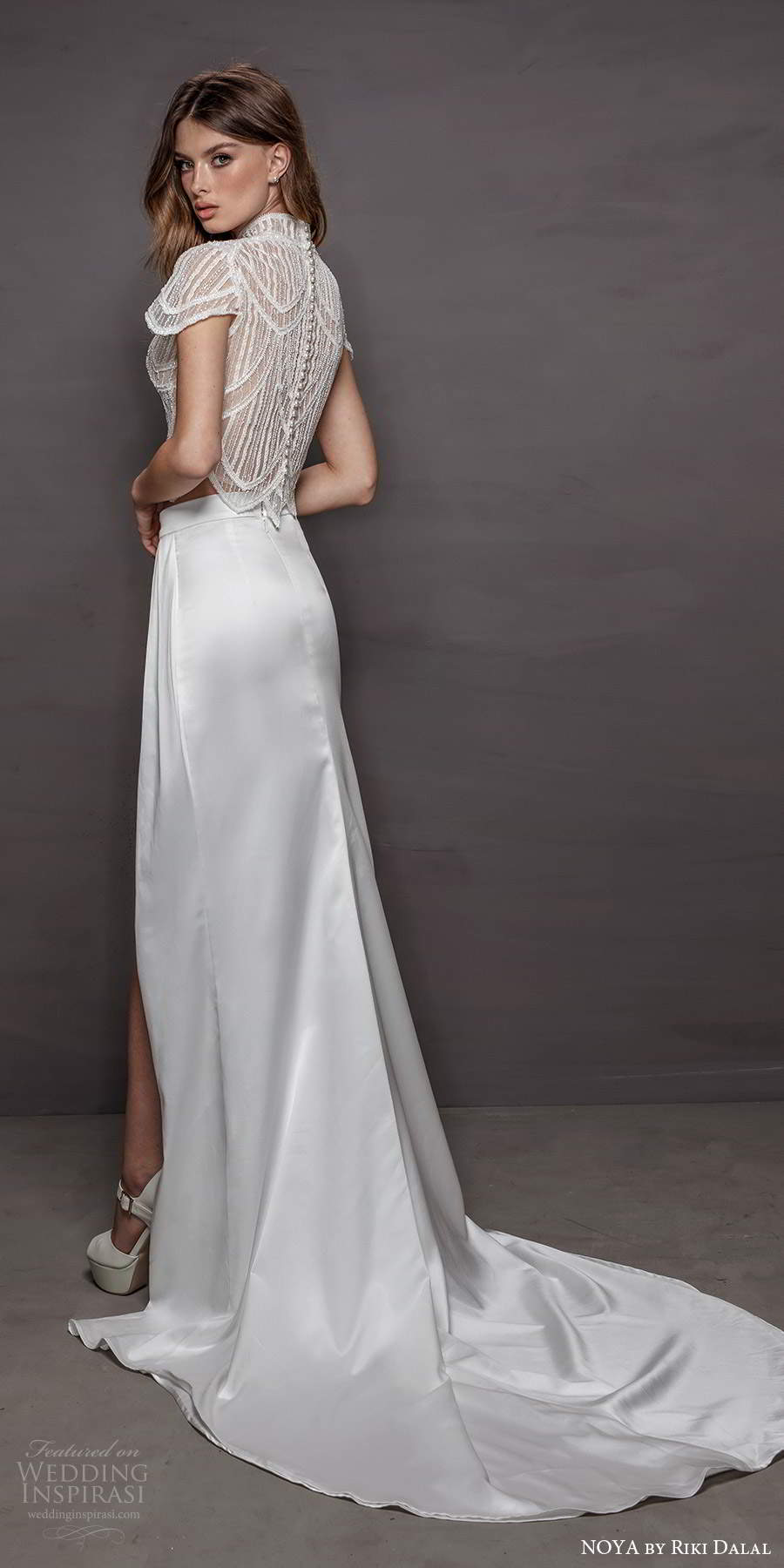 noya riki dalal 2021 bridal short sleeve high neckline embellished top slit skirt 2 piece sheath wedding dress (16) bv