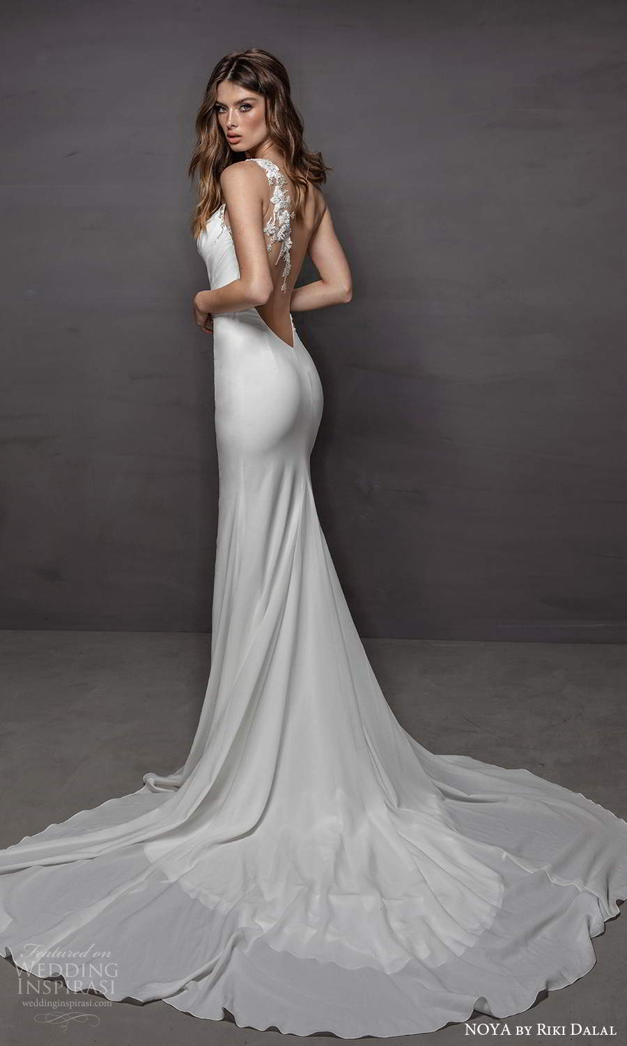 noya riki dalal 2021 bridal sleeveless one shoulder strap asymmetric neckline clean minimalist sheath wedding dress slit skirt chapel train (12) bv