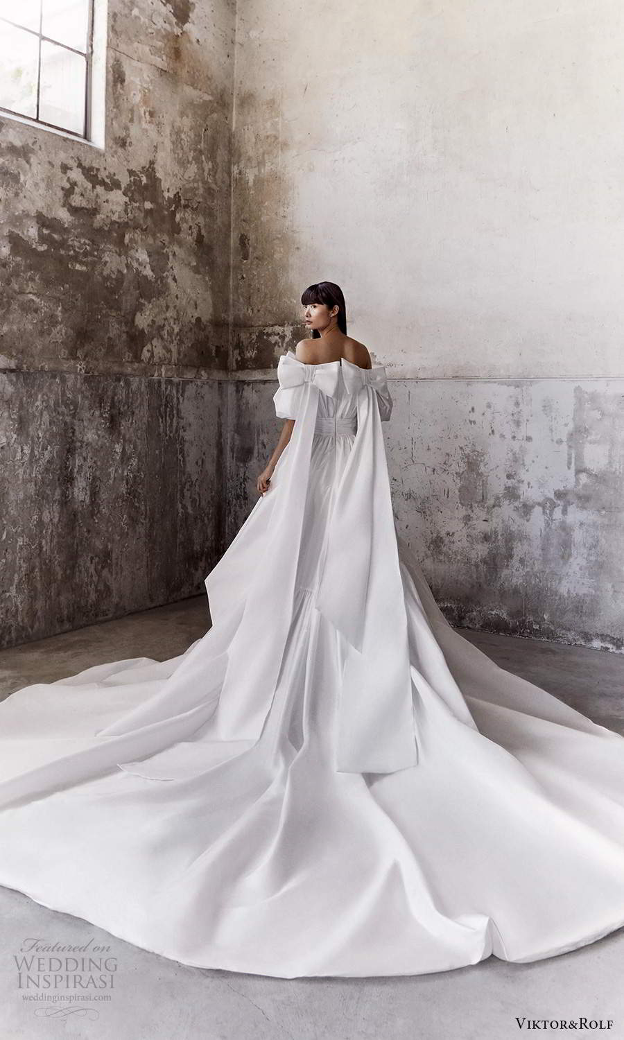 viktor and rolf fall 2021 bridal elbow length puff sleves staight across off shoulder neckline clean modern a line ball gown wedding dress cathedral train (4) bv