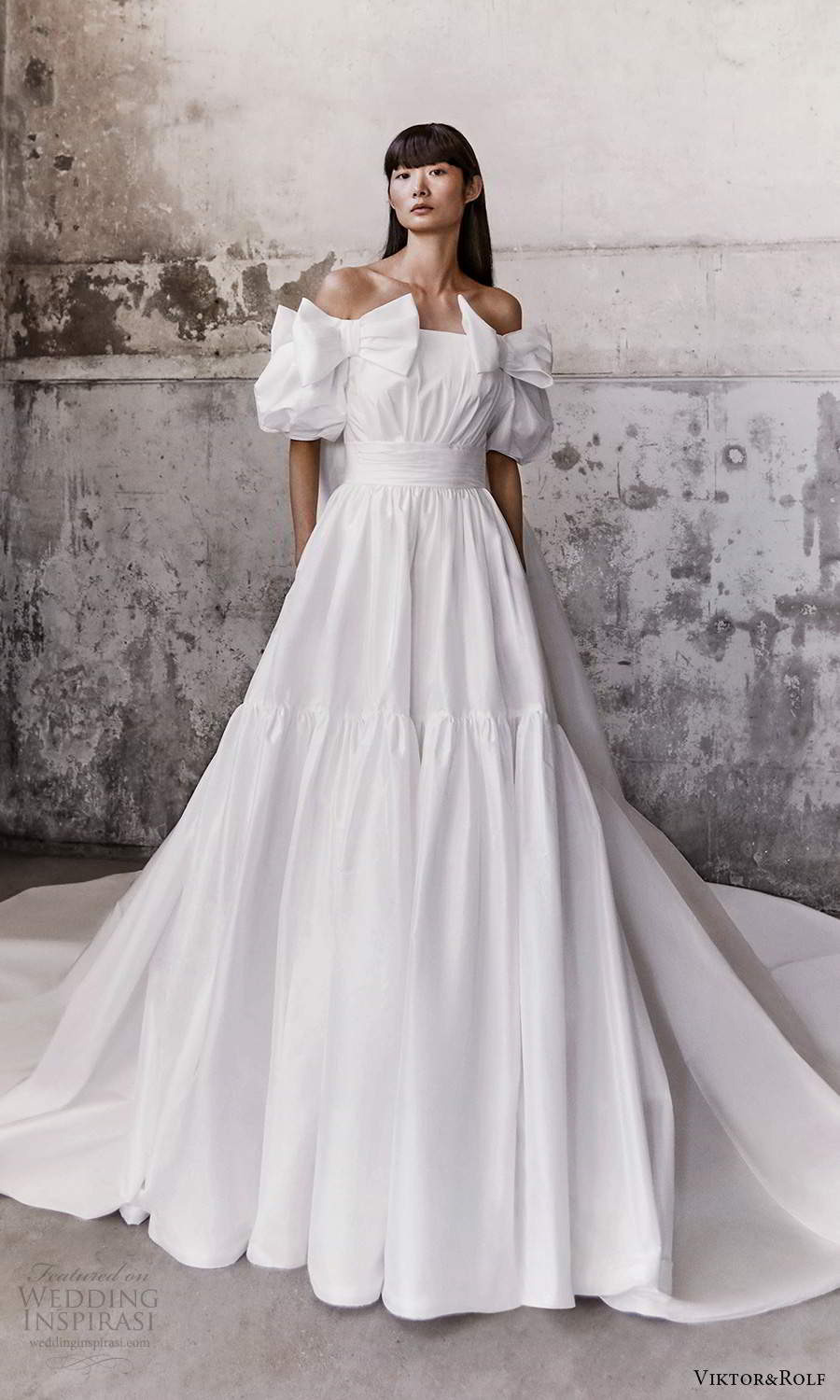 viktor and rolf fall 2021 bridal elbow length puff sleves staight across off shoulder neckline clean modern a line ball gown wedding dress cathedral train (4) mv