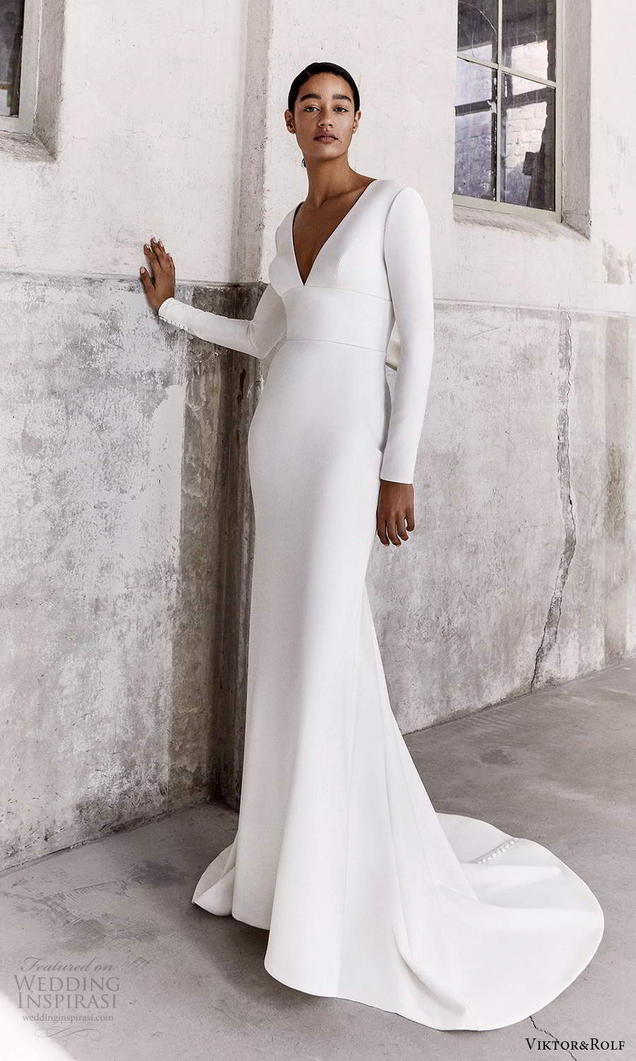 viktor and rolf fall 2021 bridal long sleeves v neckline clean minimalist sheath wedding dress sweep train (3) mv