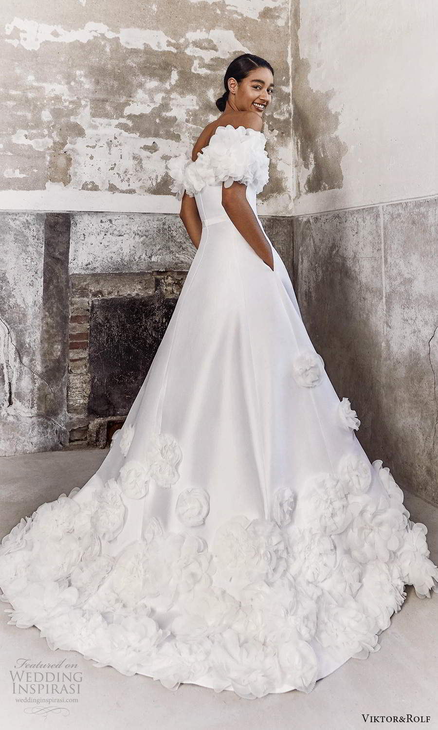 viktor and rolf fall 2021 bridal off shoulder sweetheart neckline embellished modern a line ball gown wedding dress chapel train pockets (9) bv