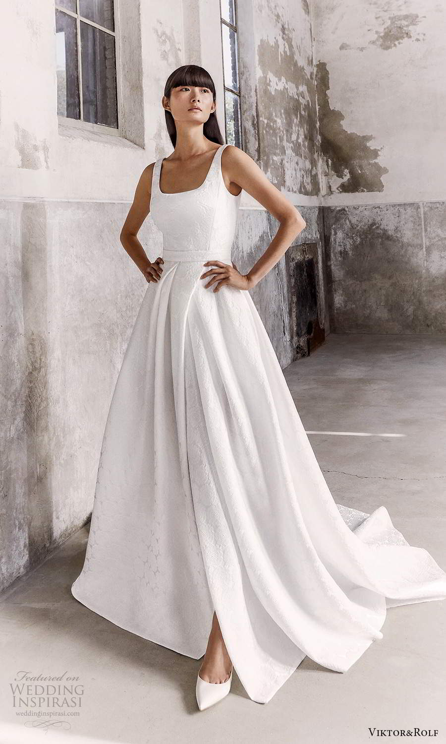 viktor and rolf fall 2021 bridal sleeveless straps square neckline clean textured a line ball gown wedding dress chapel train (2) mv