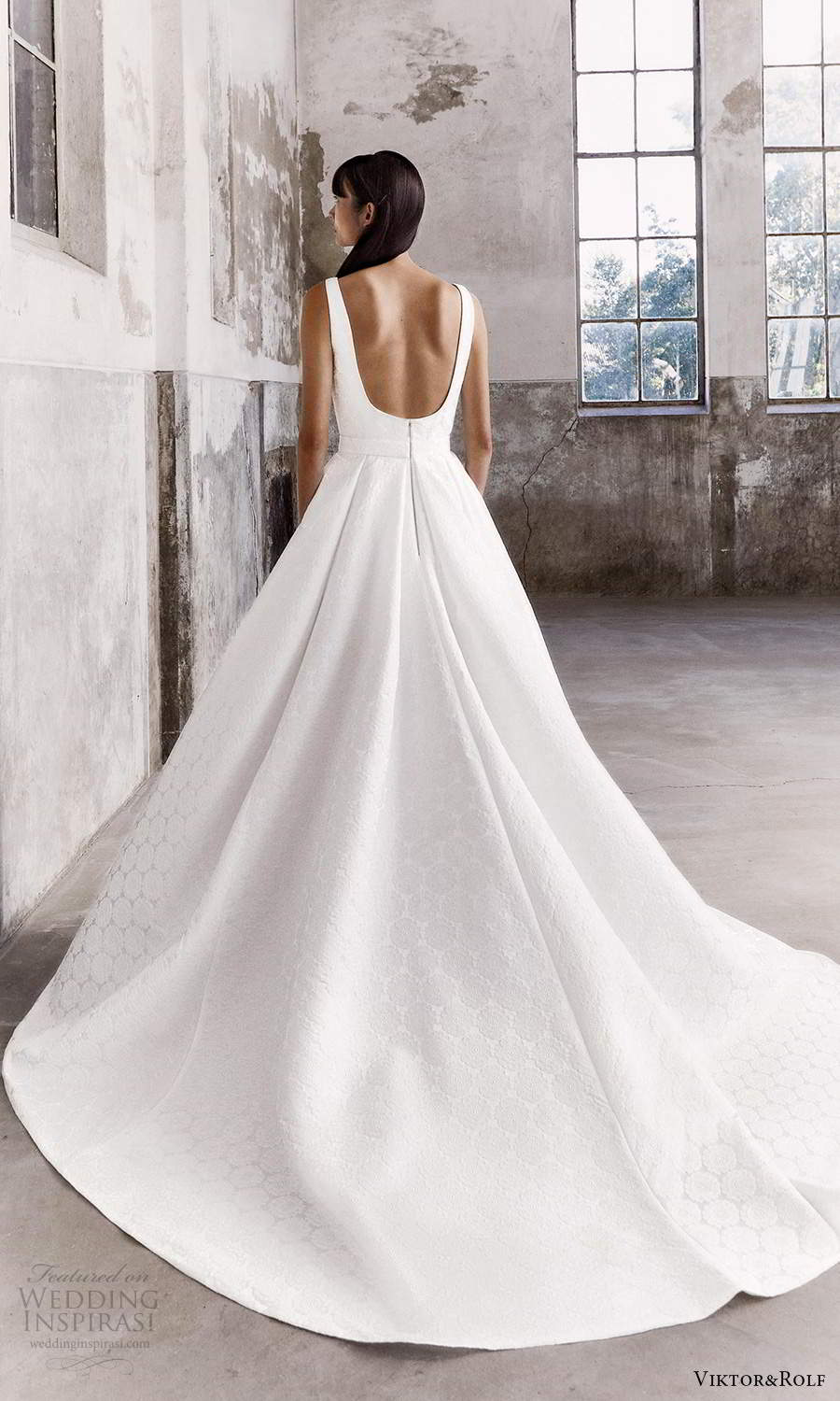 viktor and rolf fall 2021 bridal sleeveless straps square neckline clean textured a line ball gown wedding dress chapel train scoop back (2) bv