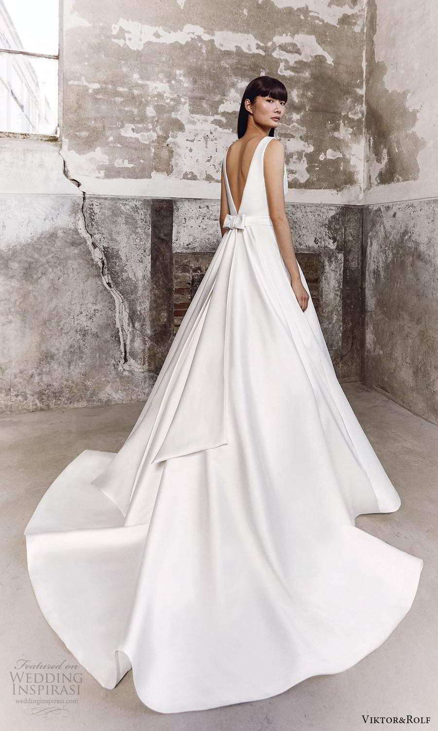 viktor and rolf fall 2021 bridal sleeveless straps v neckline clean minimalist a line ball gown wedding dress chapel train (14) bv