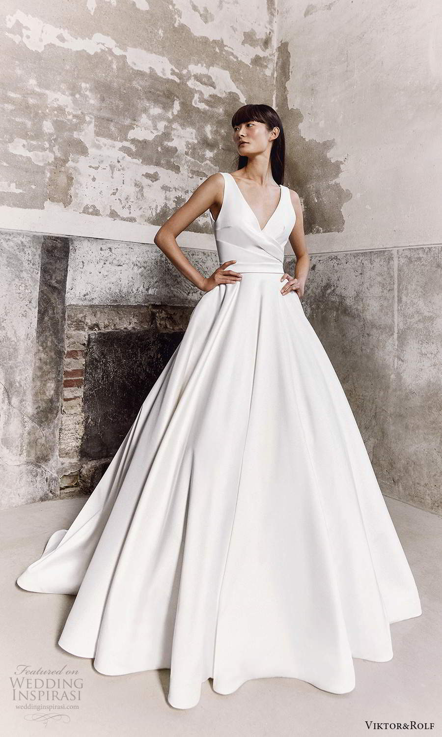 viktor and rolf fall 2021 bridal sleeveless straps v neckline clean minimalist a line ball gown wedding dress chapel train (14) mv