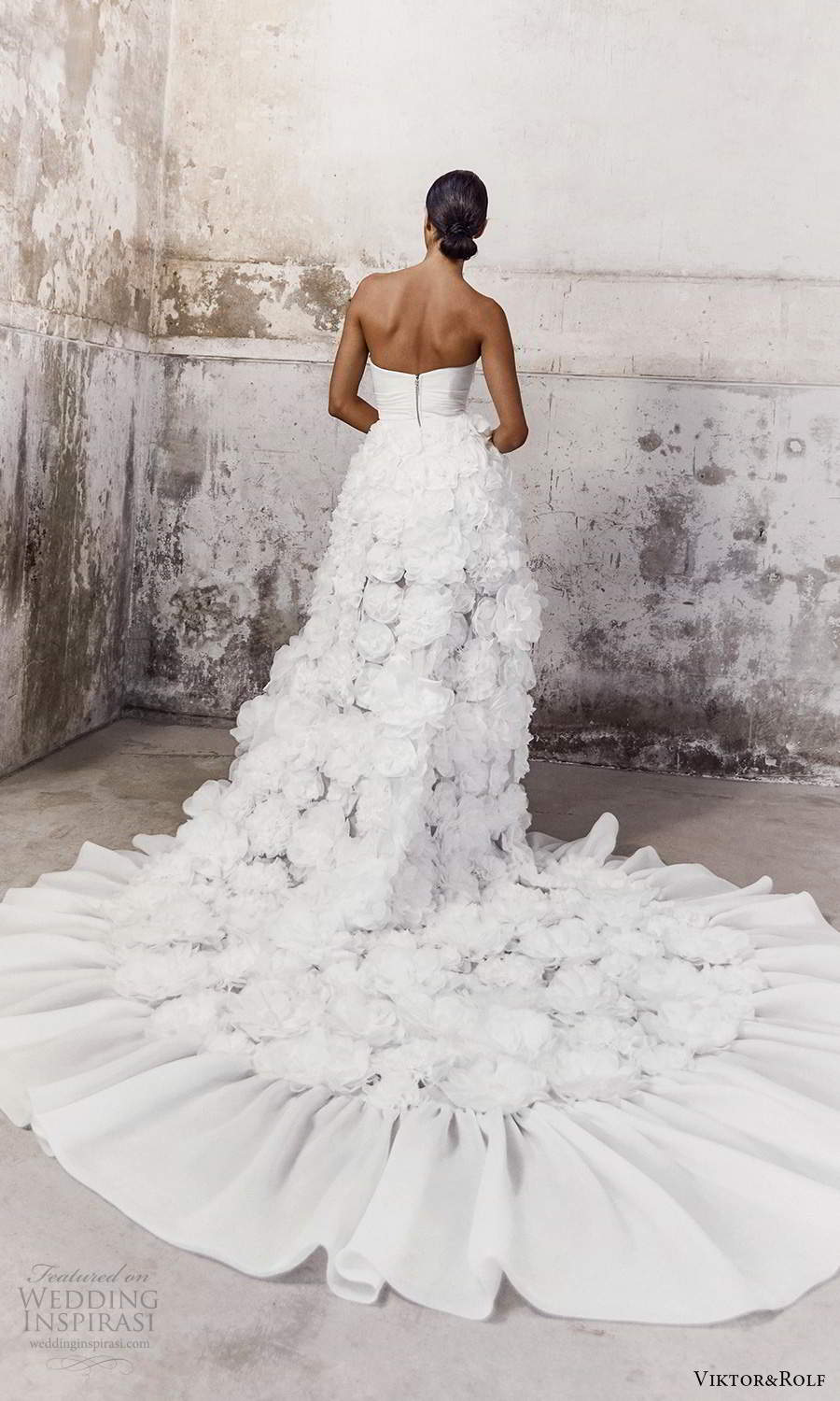 viktor and rolf fall 2021 bridal strapless straight across neckline clean bodice ruffle skirt a line high low wedding dress chapel train (7) bv