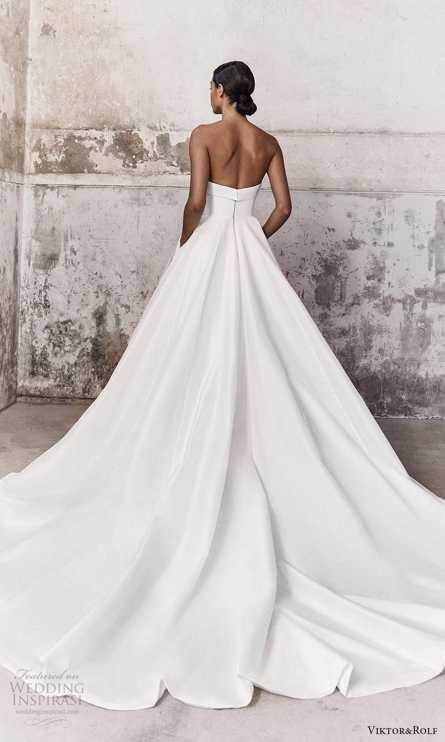 viktor and rolf fall 2021 bridal strapless straight across neckline clean minimalist a line ball gown wedding dress chapel train (1) bv