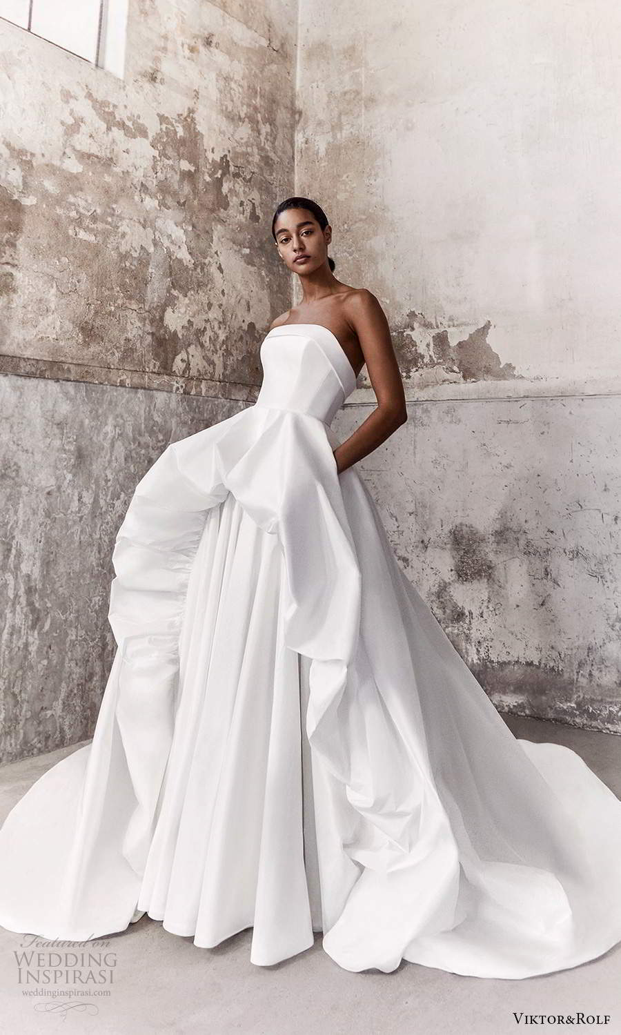 viktor and rolf fall 2021 bridal strapless straight across neckline clean minimalist a line ball gown wedding dress chapel train (1) mv