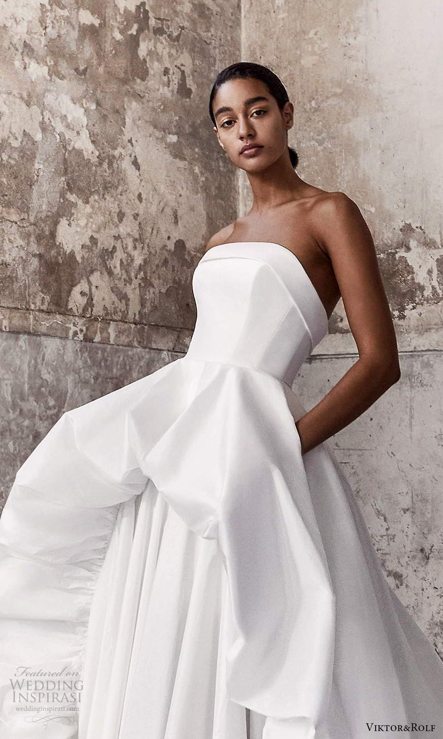 viktor and rolf fall 2021 bridal strapless straight across neckline clean minimalist a line ball gown wedding dress chapel train (1) zv