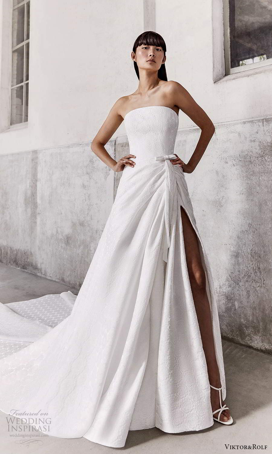 viktor and rolf fall 2021 bridal strapless straight across neckline clean modern a line ball gown wedding dress slit skirt chapel train (8) mv