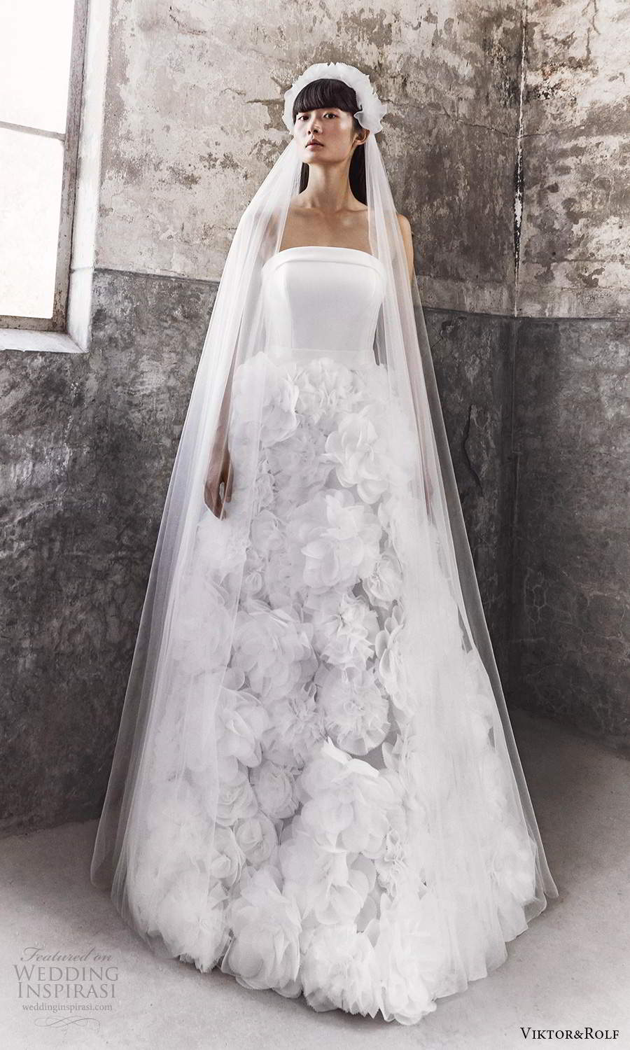 viktor and rolf fall 2021 bridal strapless straight across neckline clean modern embellished skirt a line wedding dress (10) mv