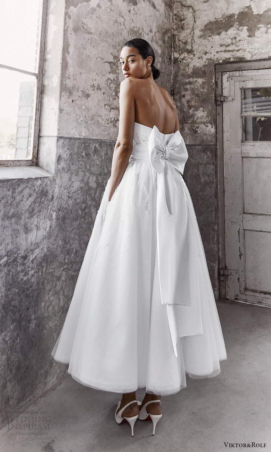 viktor and rolf fall 2021 bridal strapless sweetheart neckline clean modern a line ball gown tea length wedding dress pockets (11) bv