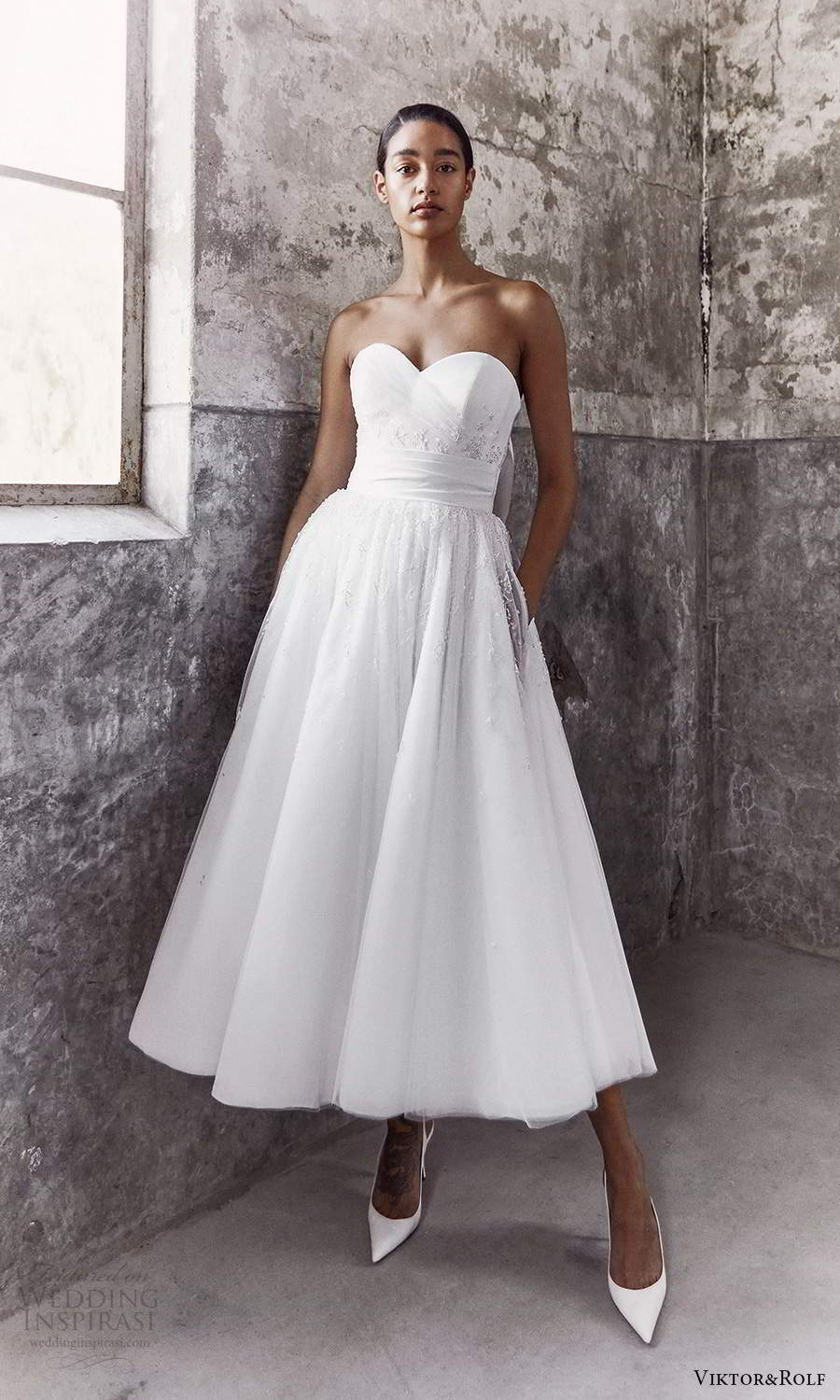 viktor and rolf fall 2021 bridal strapless sweetheart neckline clean modern a line ball gown tea length wedding dress pockets (11) mv