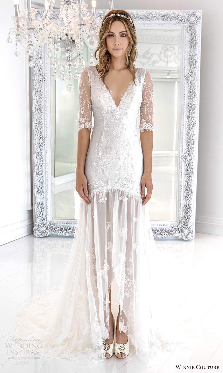 winnie couture 2021 bridal 3 quarter sheer sleeves v neckline embellished drop waist a line wedding dress sheer skirt (10) mv