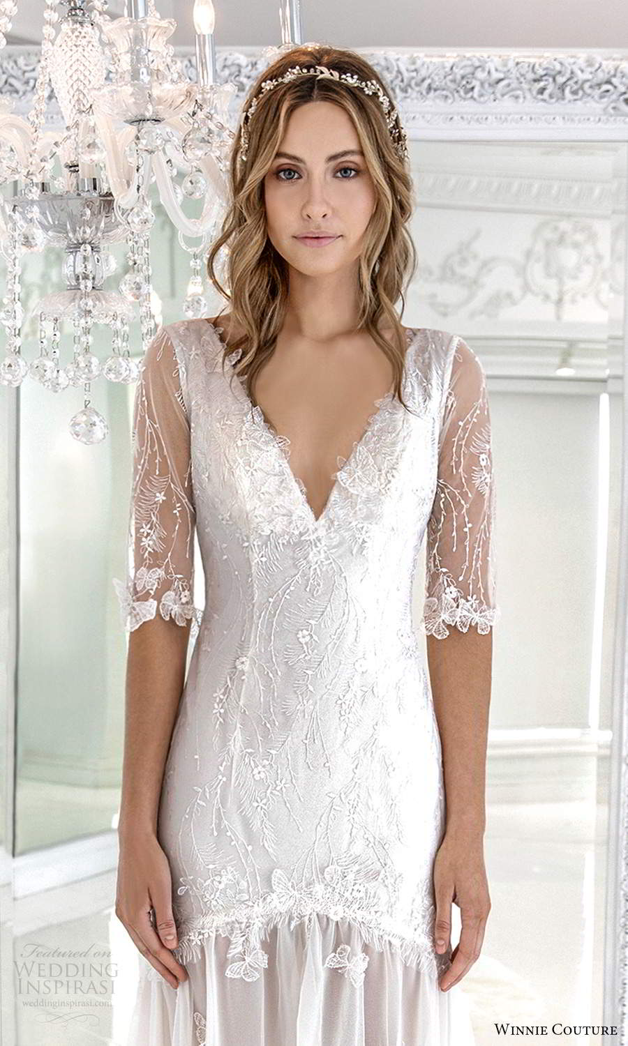 winnie couture 2021 bridal 3 quarter sheer sleeves v neckline embellished drop waist a line wedding dress sheer skirt (10) zv
