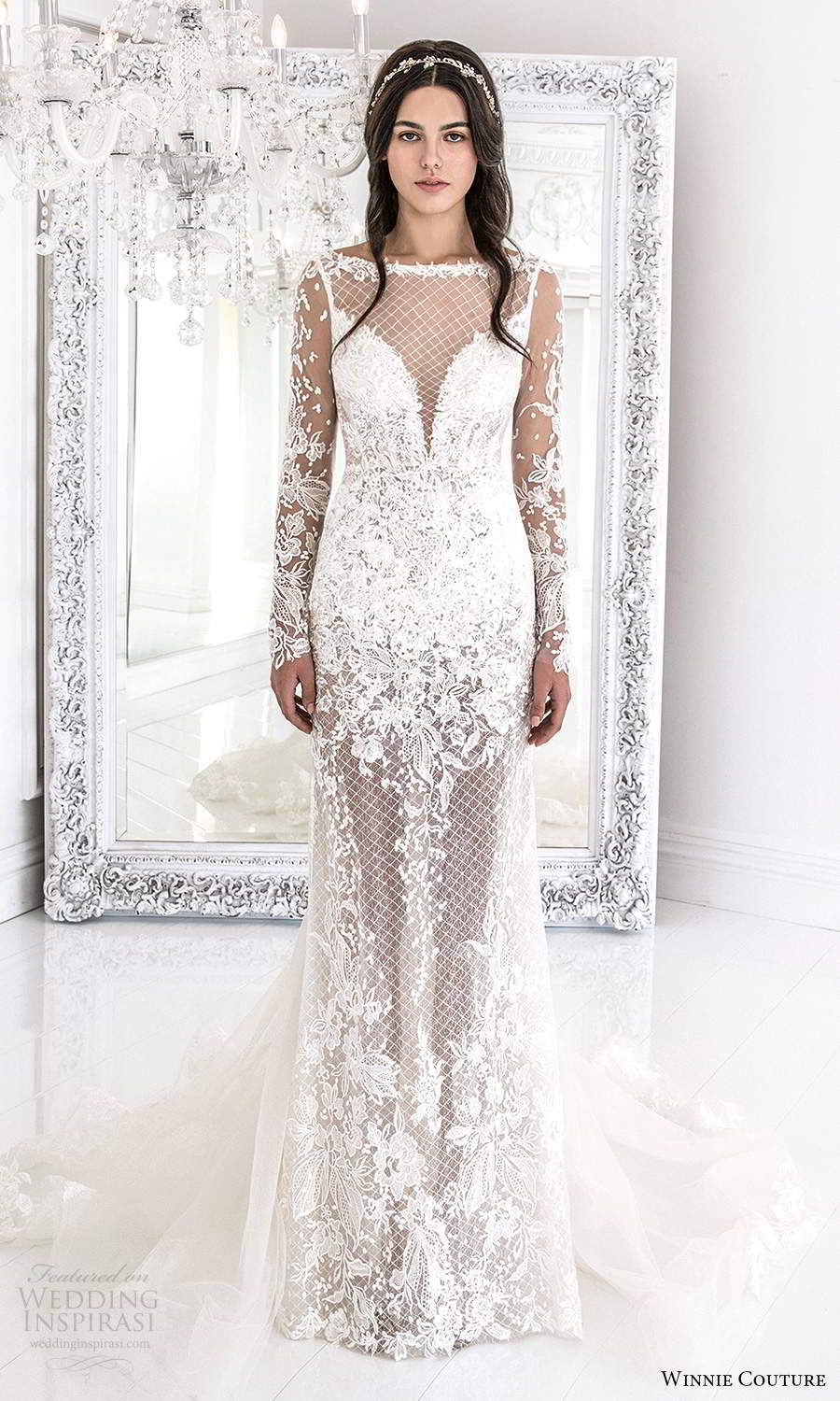 winnie couture 2021 bridal sheer long sleeves bateau neckline fully embellished lace sheath wedding dress chapel train (7) mv