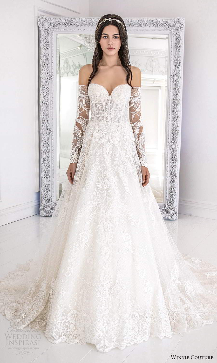 winnie couture 2021 bridal strapless sweetheart neckline fully embellished lace a line ball gown wedding dress detached sheer long sleeves (6) mv