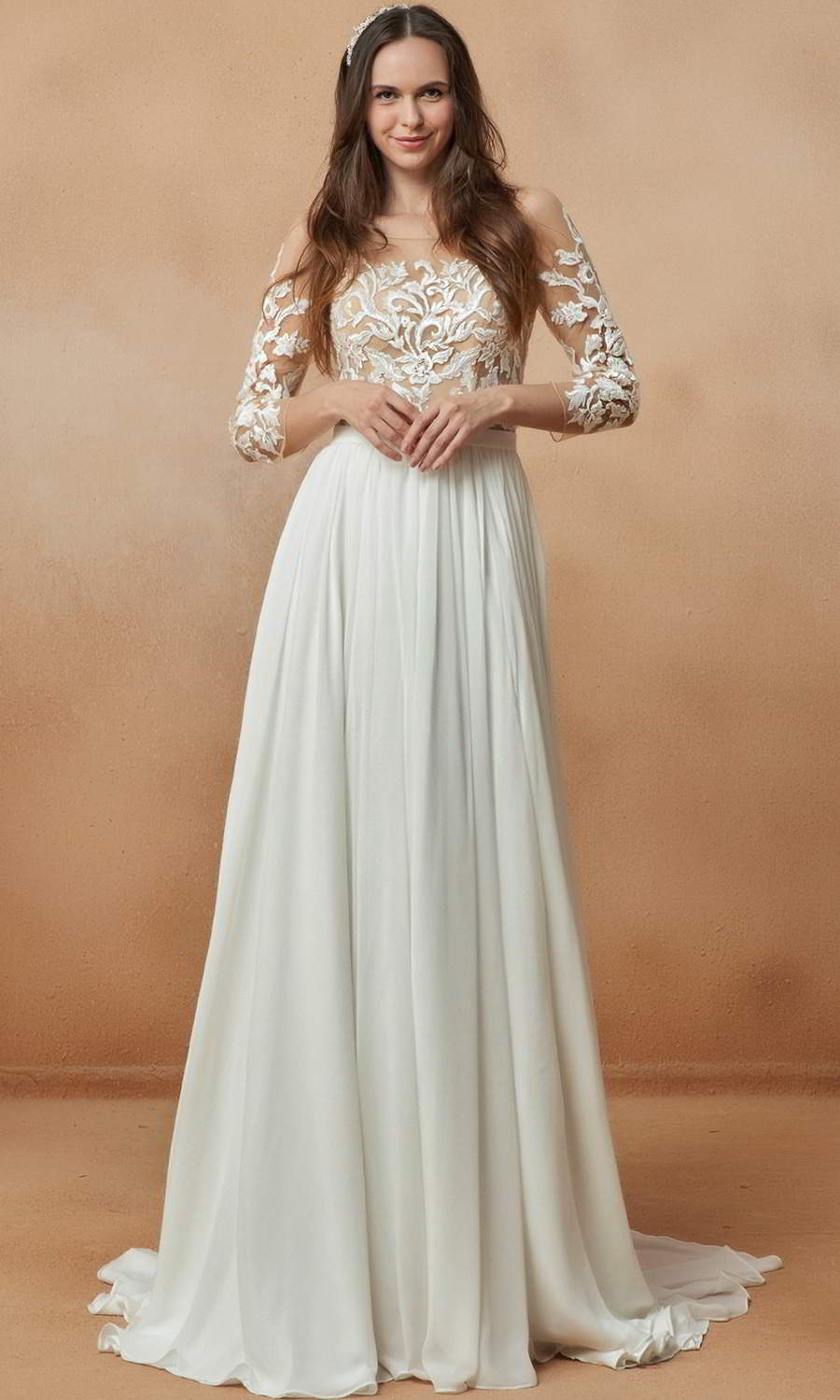 afarose 2021 bridal sheer 3 quarter sleeve bateau neckline embellished lace bodice clean skirt a line wedding dress chapel train (hana) mv