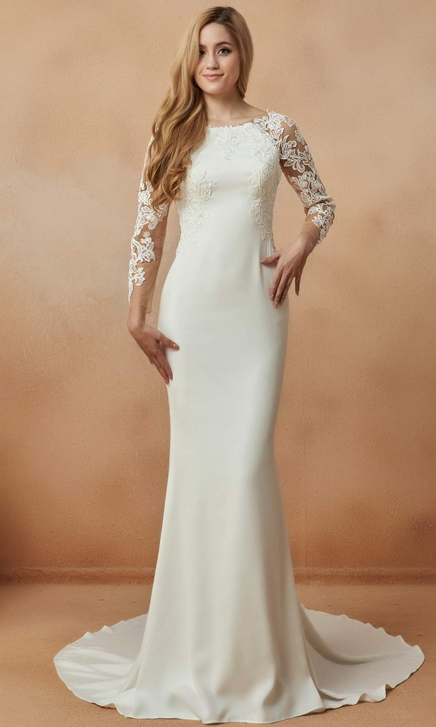 afarose 2021 bridal sheer long sleeve bateau neckline clean chic sheath wedding dress chapel train (vita) mv