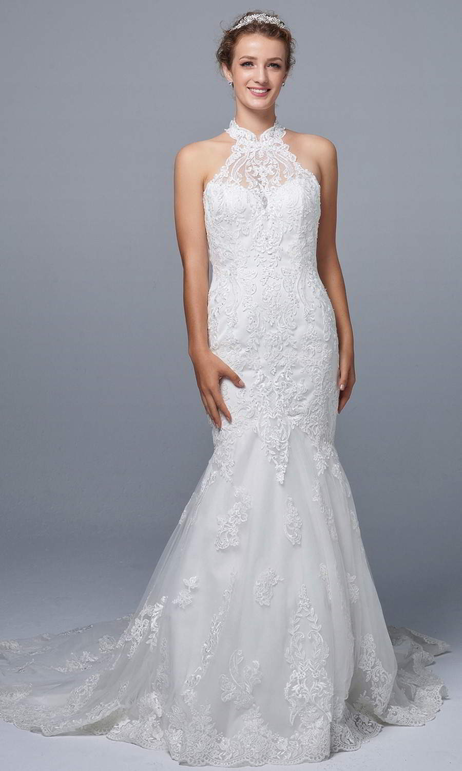 afarose 2021 bridal sleeveless halter neckline fully embellished lace sheath mermaid wedding dress chapel train (karen) mv