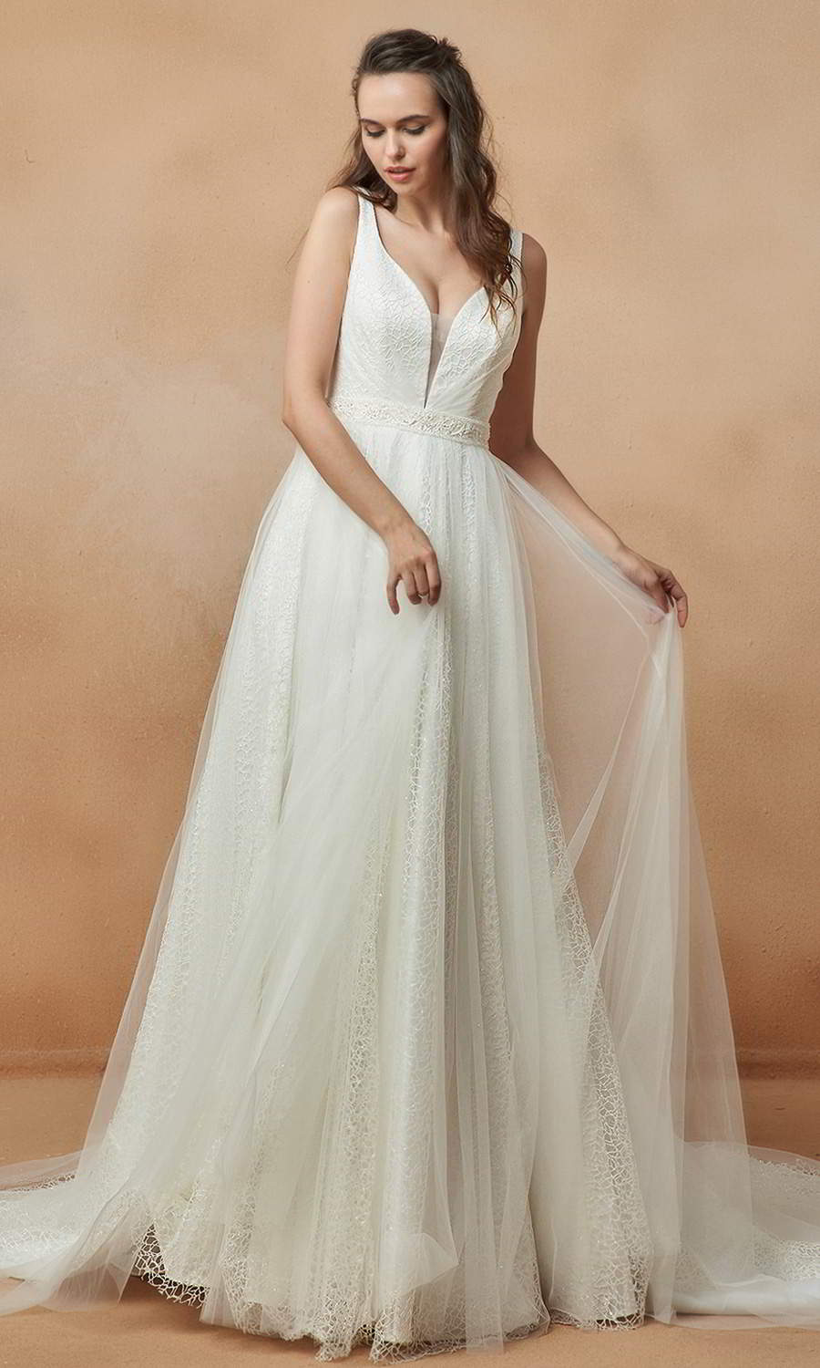 afarose 2021 bridal sleeveless straps plunging v neckline embellished textured a line ball gown wedding dress chapel train (nadia) mv