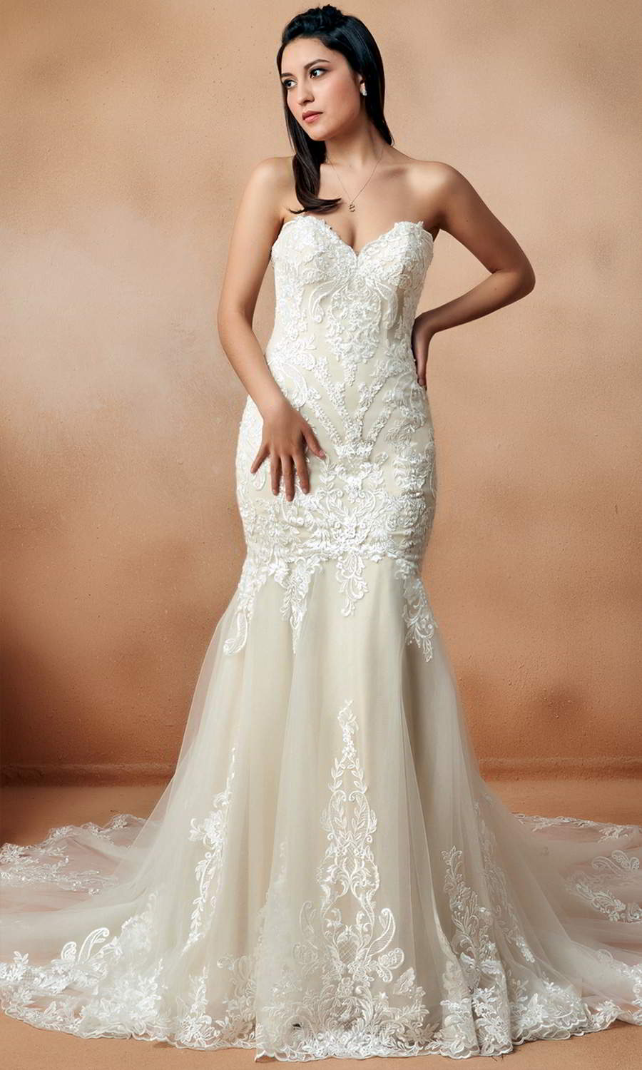 afarose 2021 bridal strapless sweetheart neckline heavily embellished bodice fit flare mermaid wedding dress chapel train (regina) mv