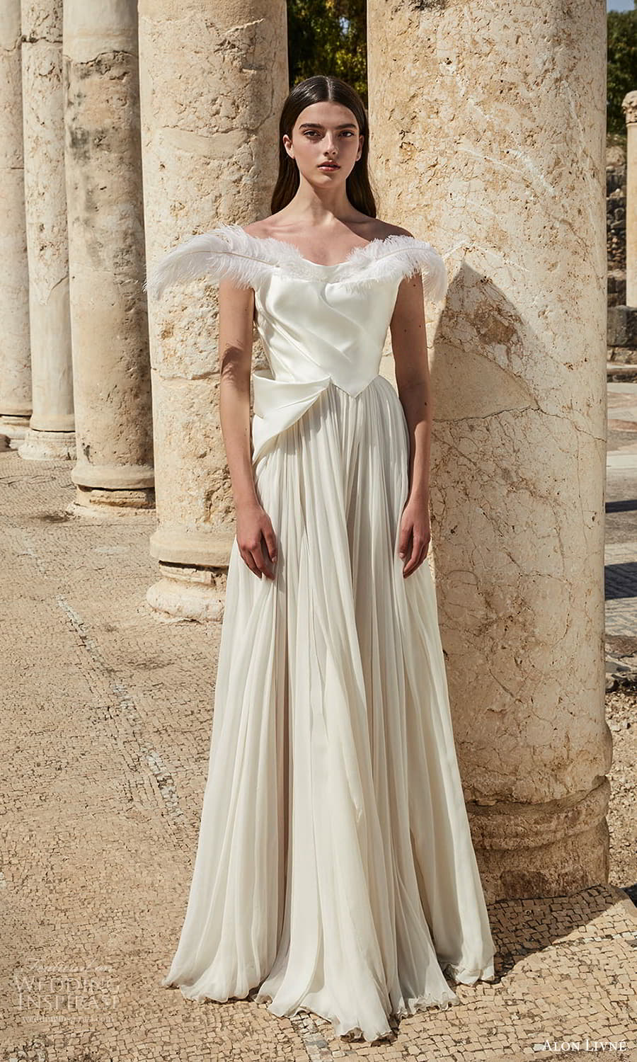alon livne 2021 bridal off shoulders straps cowl neckline pleated bodice a line wedding dress pleated skirt (7) mv alon livne 2021 bridal off shoulders straps cowl neckline pleated bodice a line wedding dress pleated skirt (7) mv