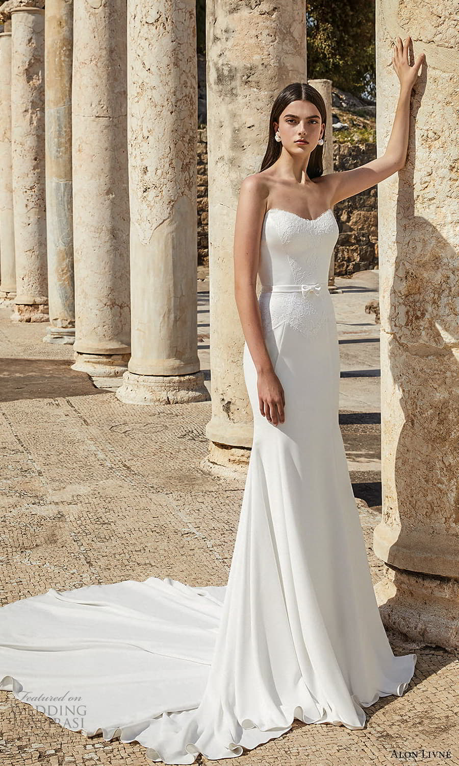 alon livne 2021 bridal strapless sweetheart neckline embellished lace waist clean sheath wedding dress chapel train (2) mv alon livne 2021 bridal strapless sweetheart neckline embellished lace waist clean sheath wedding dress chapel train (2) mv