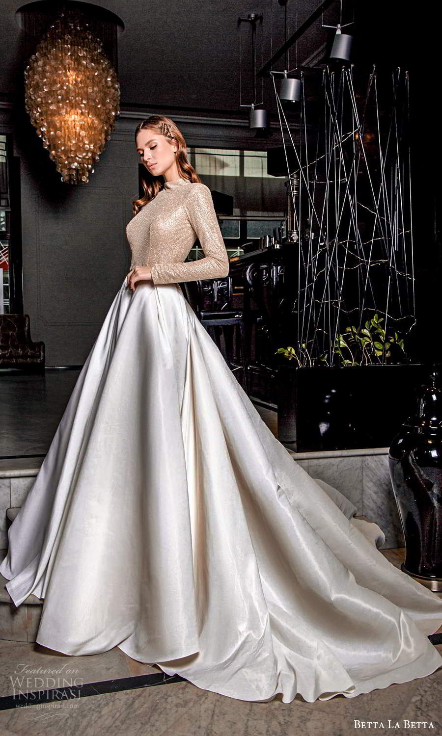 betta la betta 2021 bridal long sleeve high neckline embellished bodice clean skirt a line ball gown overskirt mini wedding dress chapel train (2) mv