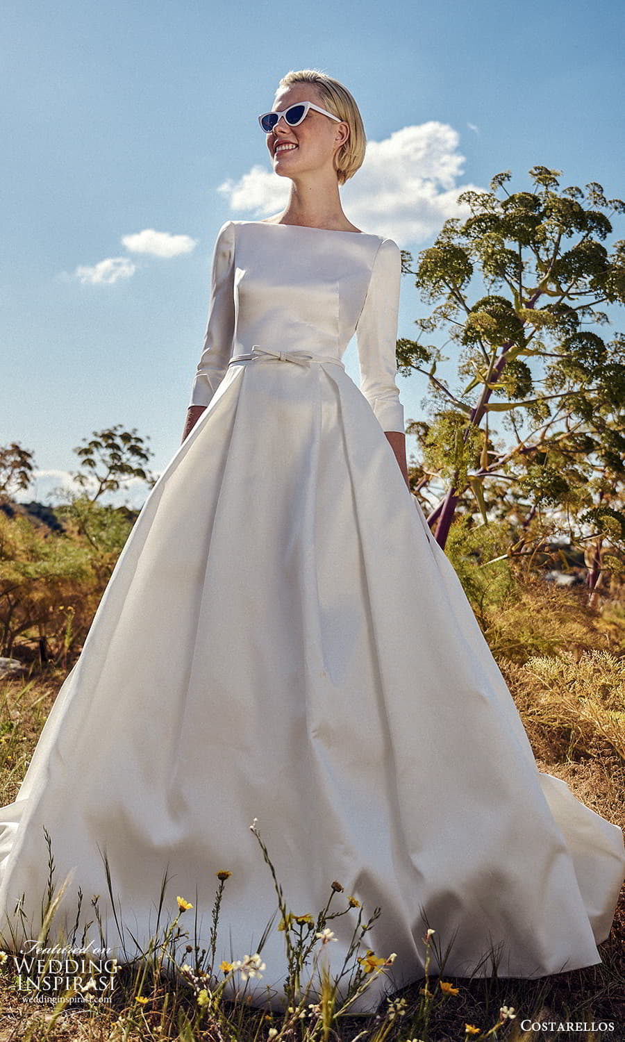 costarellos spring 2022 bridal 3 quarter sleeves bateau neckline clean minimalist a line ball gown wedding dress chapel train (24) mv costarellos spring 2022 bridal 3 quarter sleeves bateau neckline clean minimalist a line ball gown wedding dress chapel train (24) mv