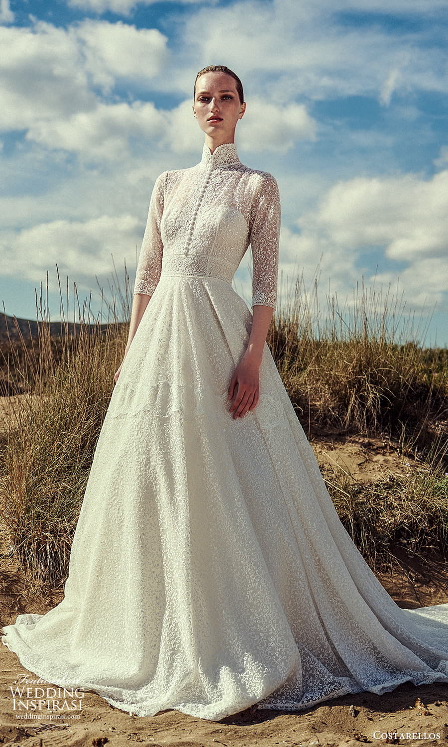 costarellos spring 2022 bridal 3 quarter sleeves high stand collar neckline fully embellished a line ball gown wedding dress chapel train (23) mv costarellos spring 2022 bridal 3 quarter sleeves high stand collar neckline fully embellished a line ball gown wedding dress chapel train (23) mv