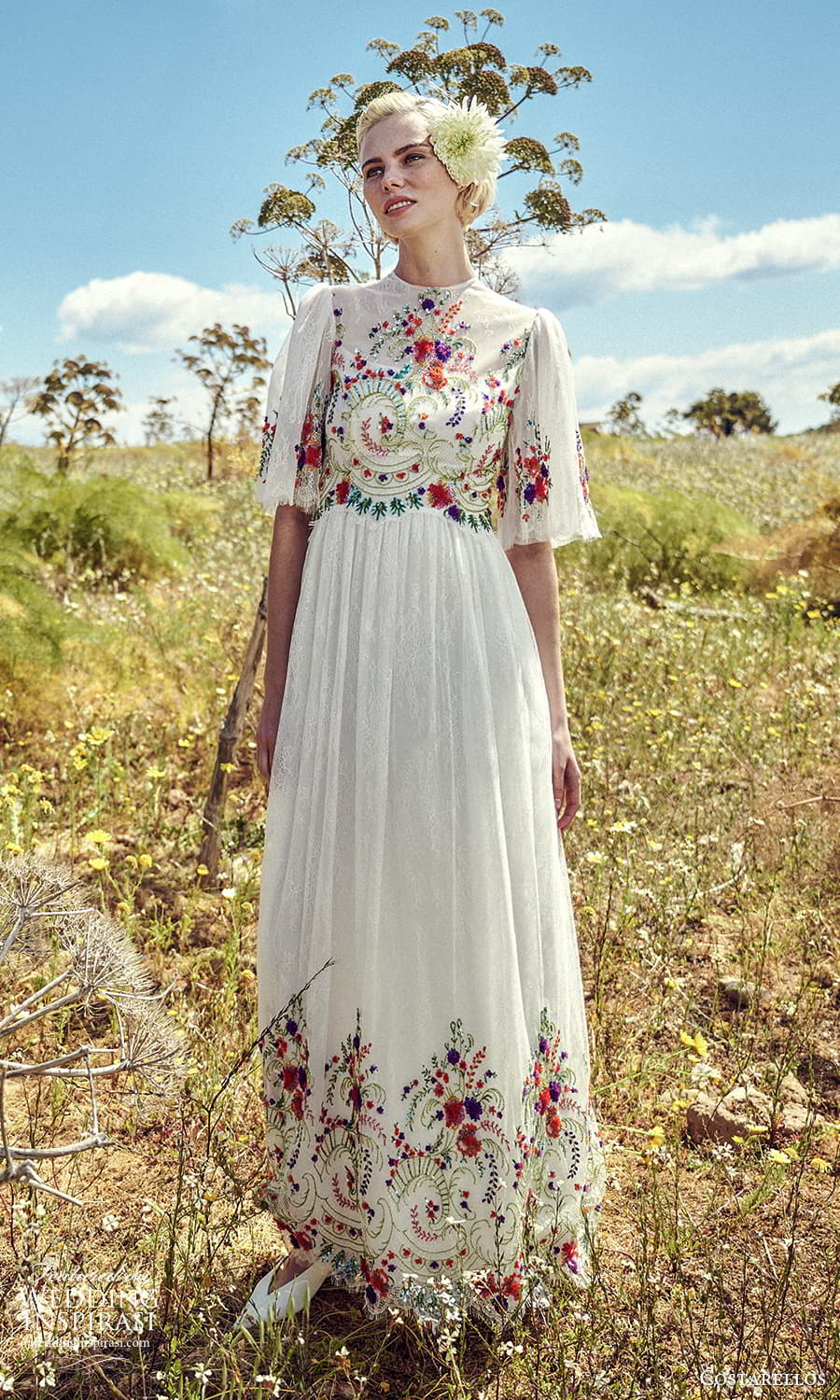 costarellos spring 2022 bridal elbow length flutter sleeves jewel neckline colorful embellished bodice lace a line wedding dress (23) mv costarellos spring 2022 bridal elbow length flutter sleeves jewel neckline colorful embellished bodice lace a line wedding dress (23) mv