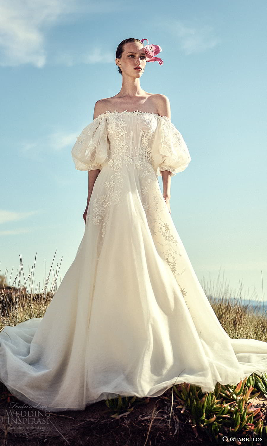 costarellos spring 2022 bridal elbow length puff sleeve straight across neckline embellished a line ball gown wedding dress chapel train (8) mv costarellos spring 2022 bridal elbow length puff sleeve straight across neckline embellished a line ball gown wedding dress chapel train (8) mv