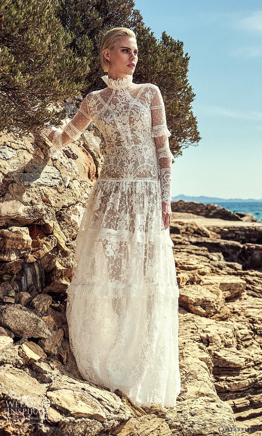 costarellos spring 2022 bridal long sleeve high neckline fully embellished lace a line wedding dress (11) mv