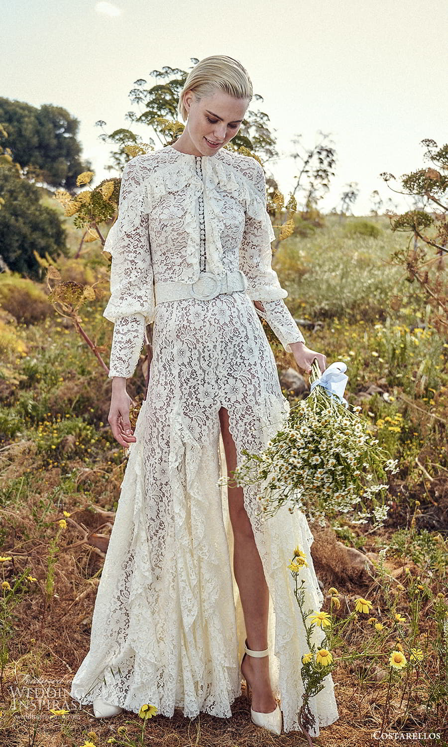 costarellos spring 2022 bridal long sleeves jewel neckline fullyembellished lace a line wedding dress slit skirt (21) mv