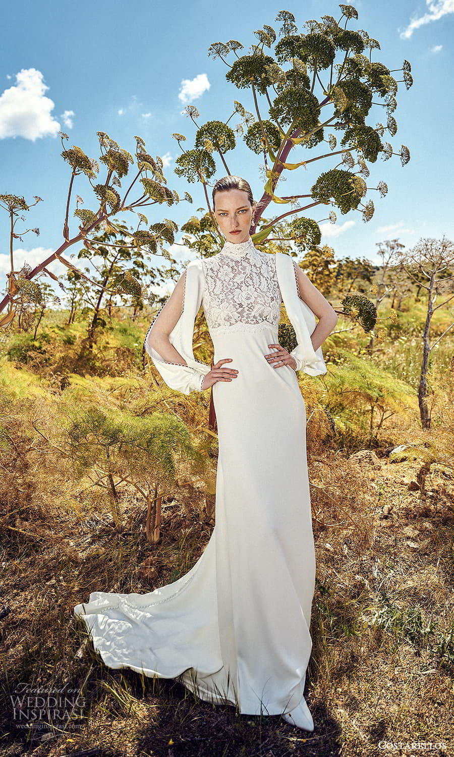 costarellos spring 2022 bridal long split sleeves high neckline lace bodice sheath wedding dress sweep train (13) mv