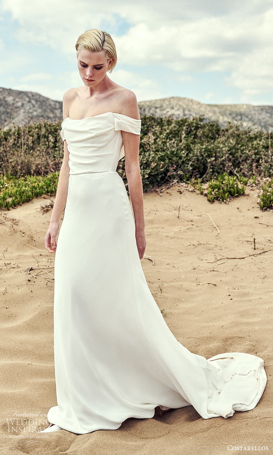 costarellos spring 2022 bridal off shoulder swag sleeves cowl neckline clean minalist sheath wedding dress sweep train (5) mv costarellos spring 2022 bridal off shoulder swag sleeves cowl neckline clean minalist sheath wedding dress sweep train (5) mv