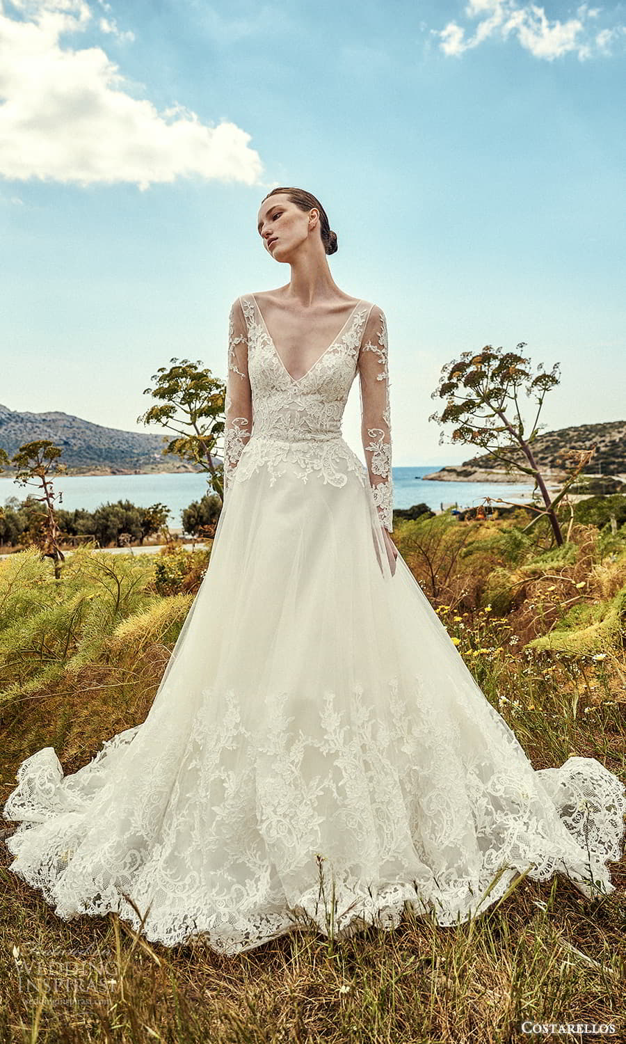 costarellos spring 2022 bridal sheer long sleeve v neckline fully embellished lace a line wedding dress chapel train (12) mv