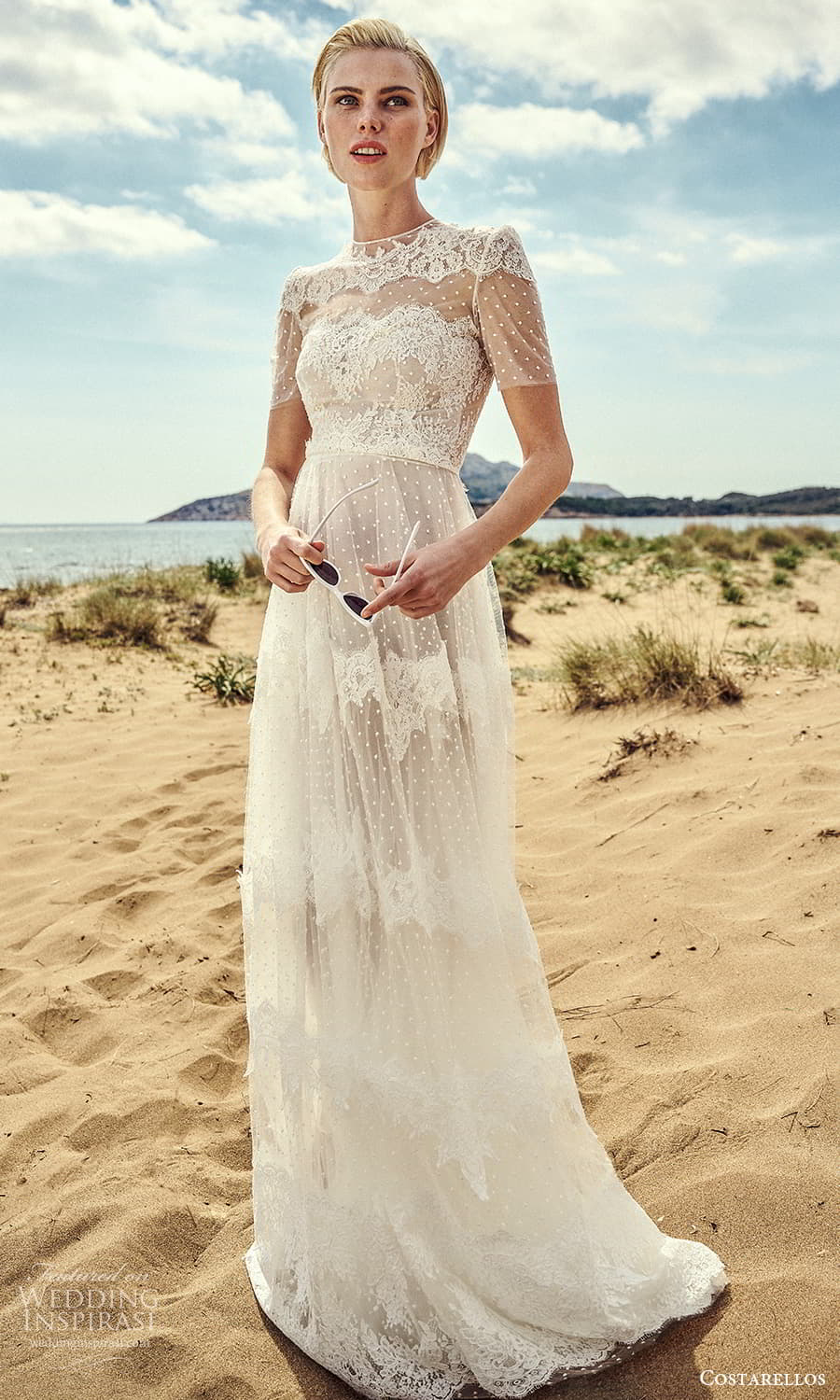 costarellos spring 2022 bridal sheer short sleeve jewel neckline embellished lace a line wedding dress sweep train (10) mv costarellos spring 2022 bridal sheer short sleeve jewel neckline embellished lace a line wedding dress sweep train (10) mv