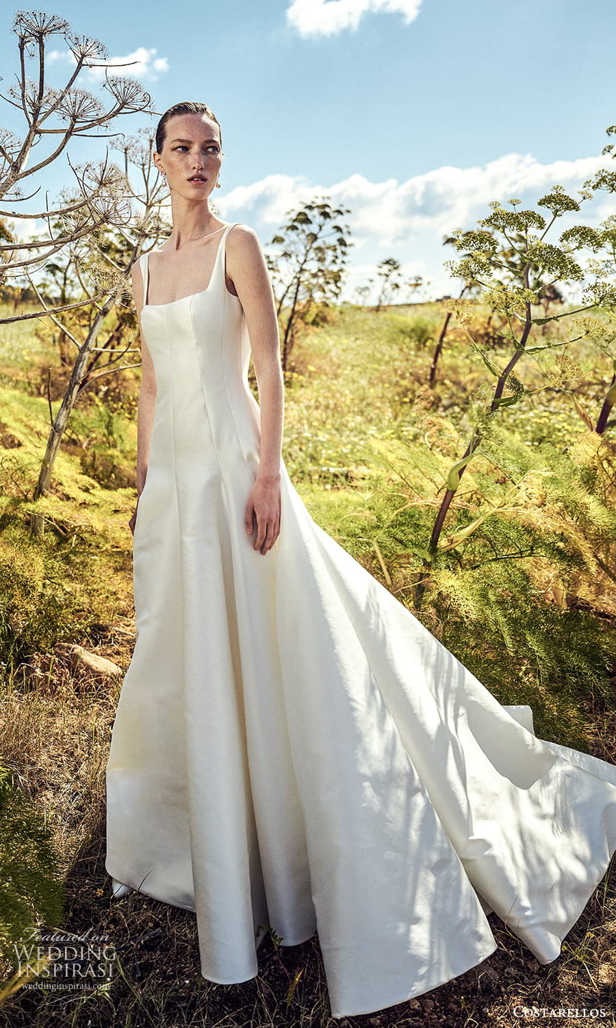 costarellos spring 2022 bridal sleeveless straps square neckline clean minimalist a line wedding dress chapel train (7) mv