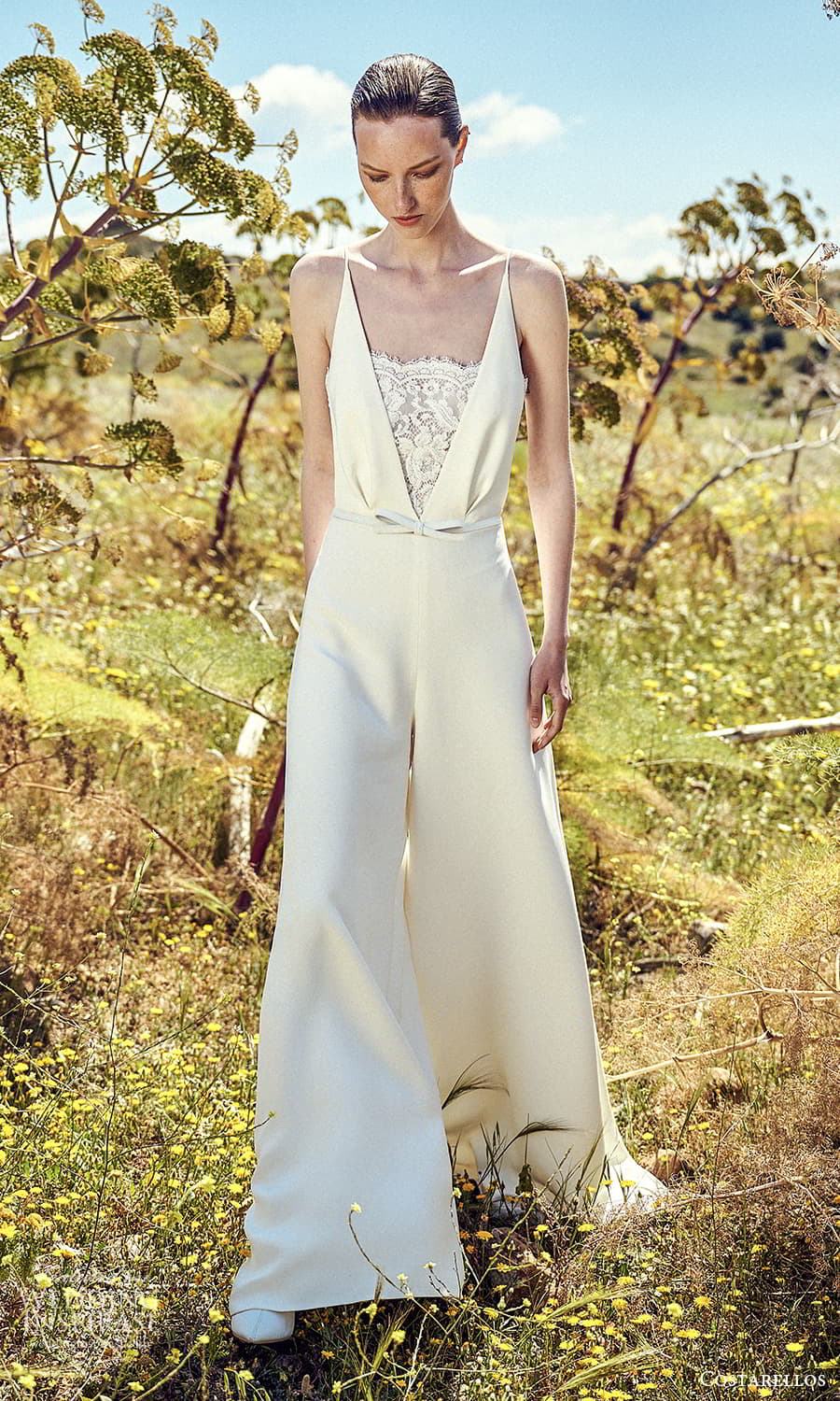 costarellos spring 2022 bridal sleeveless straps v neckline clean minimalist pants jumpsuit wedding dress (14) mv costarellos spring 2022 bridal sleeveless straps v neckline clean minimalist pants jumpsuit wedding dress (14) mv