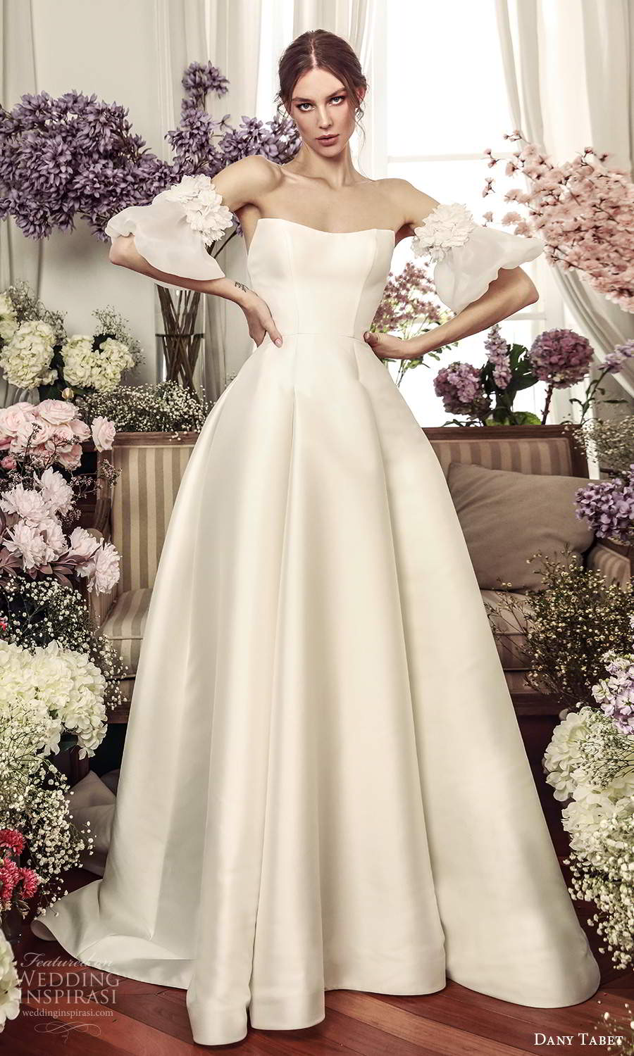 dany tabet 2021 belle fleur bridal short detached puff sleeves clean minimalist a line ball gown wedding dress chapel train (9) mv