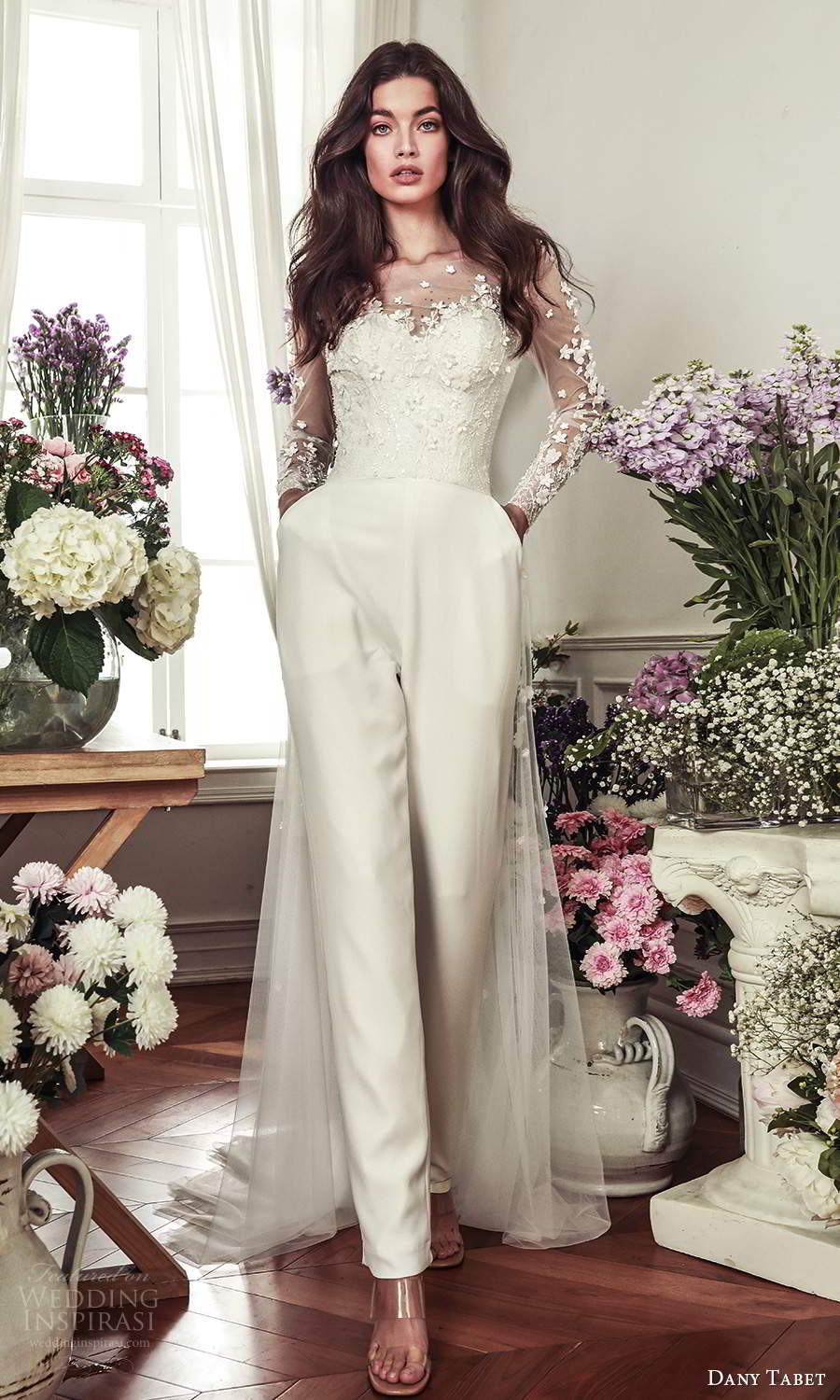 dany tabet 2021 belle fleur bridal strapless sweetheart neckline embellished bodice top clean chic pant wedding dress chapel train (2) mv dany tabet 2021 belle fleur bridal strapless sweetheart neckline embellished bodice top clean chic pant wedding dress chapel train (2) mv
