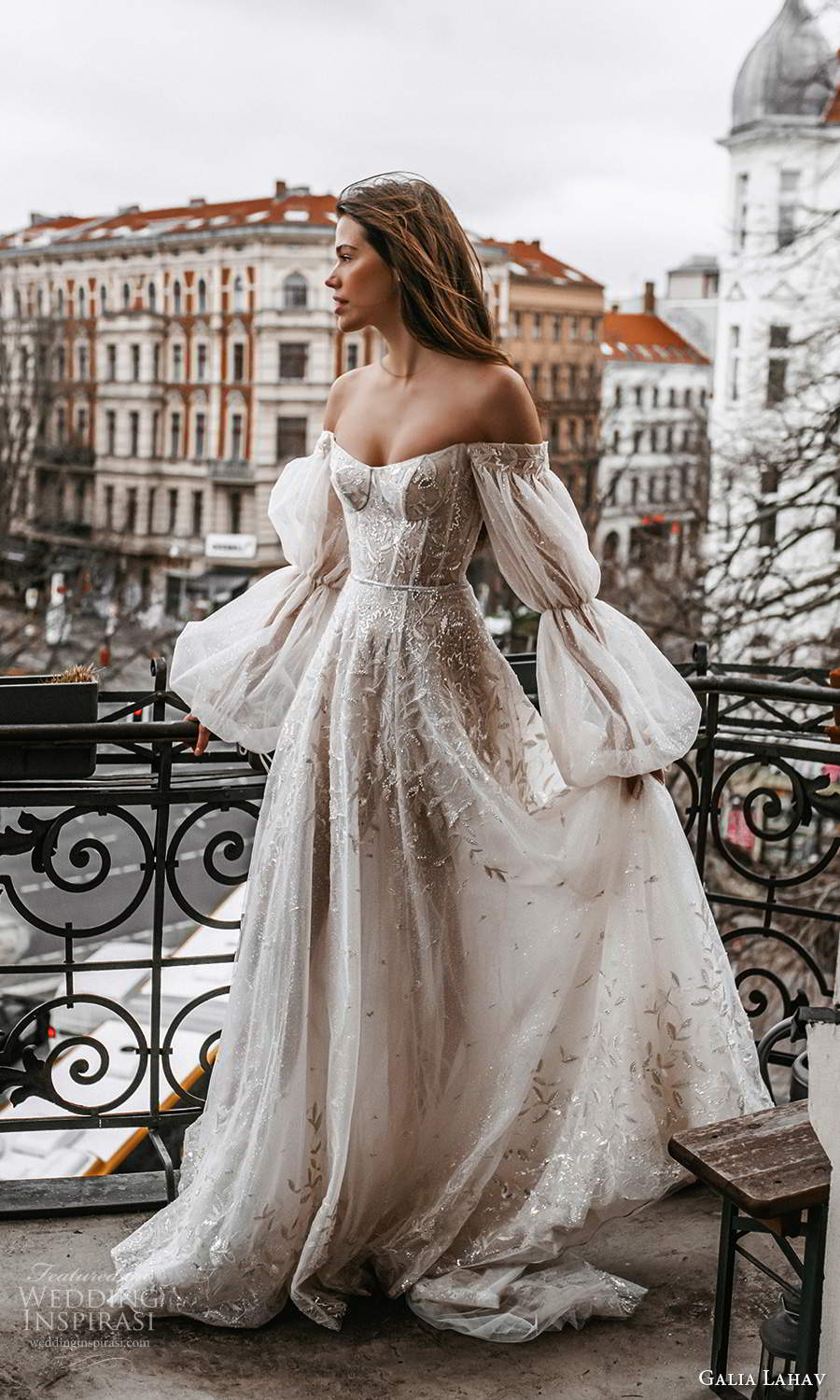 galia lahav spring 2022 gala bridal billowy long puff sleeves off shoulder scoop neckline heavily embellished bodice a line ball gown wedding dress chapel train blush (2) mv