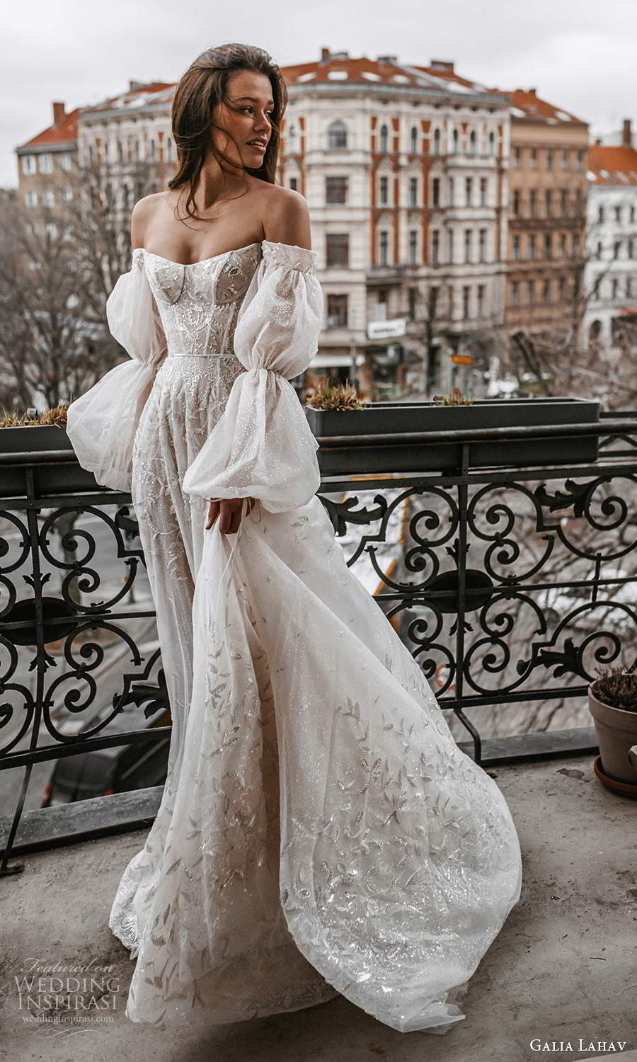 galia lahav spring 2022 gala bridal billowy long puff sleeves off shoulder scoop neckline heavily embellished bodice a line ball gown wedding dress chapel train blush (2) sv